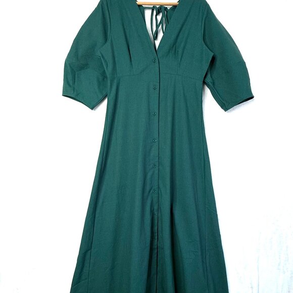 Commense Cotton Linen Button Front Midi Dress Womens M Deep Green NEW - Picture 1 of 8